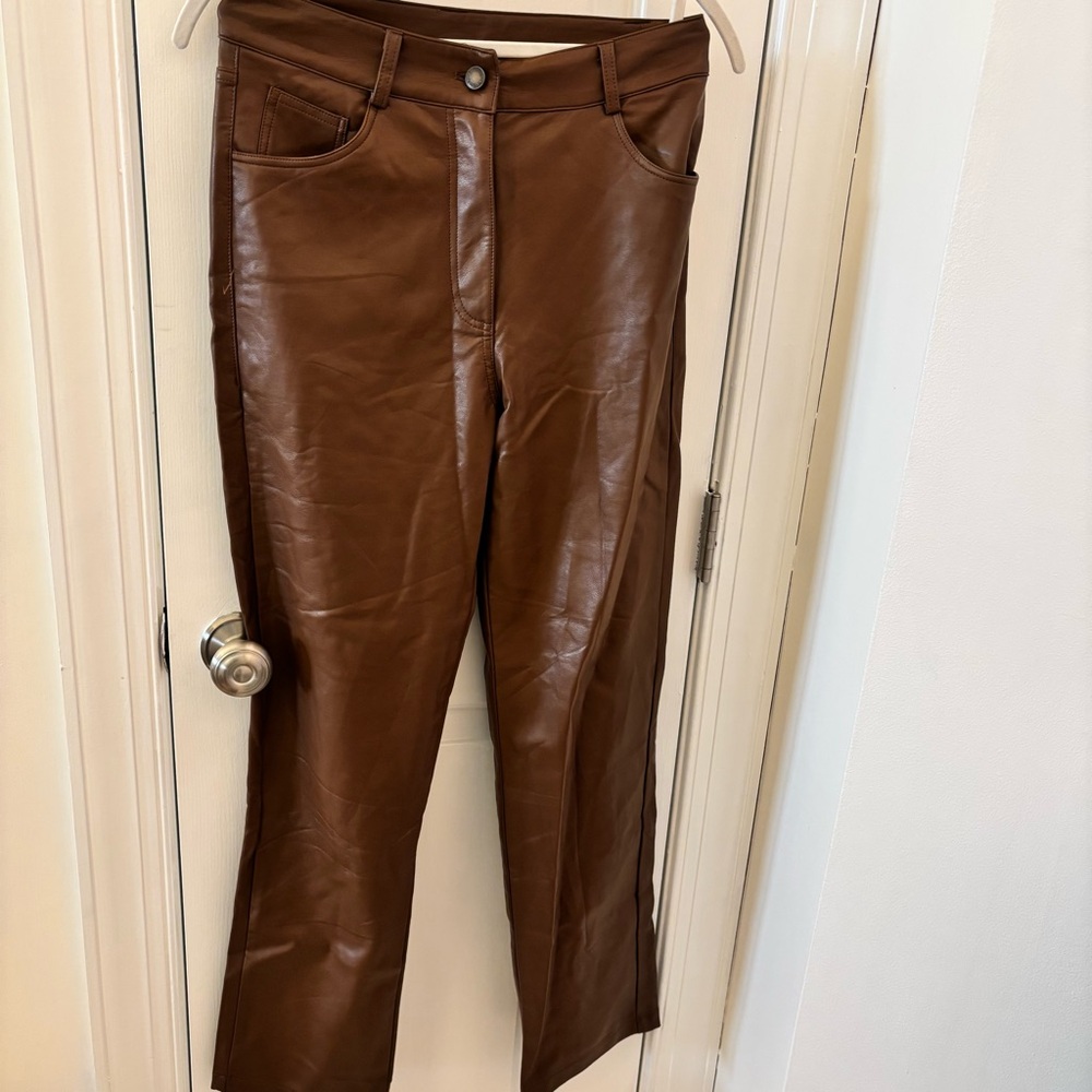 ILLA ILLA like Artizia Tan Faux Vegan Leather Pants High Rise Straight Leg sizeS